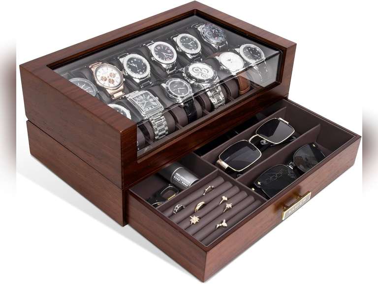 KAMIER 12 Slots Watch Box Case Organizer Display for Men,Two-Tier Wooden Watch Box Organizer For Men with watch holder and Drawer,Walnut 90