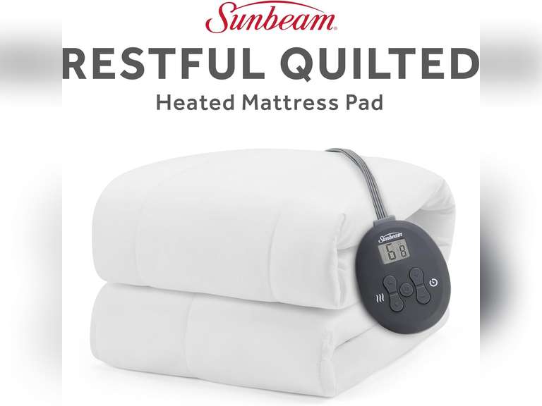 Sunbeam Electric Restful Quilted Heated Mattress Pad, 12 Heat Settings, 12-Hour Selectable Auto Shut-Off, Fast Heating, Warming Bed, Soft Extra-Cozy Fabric, Twin, 39" x 75" 47