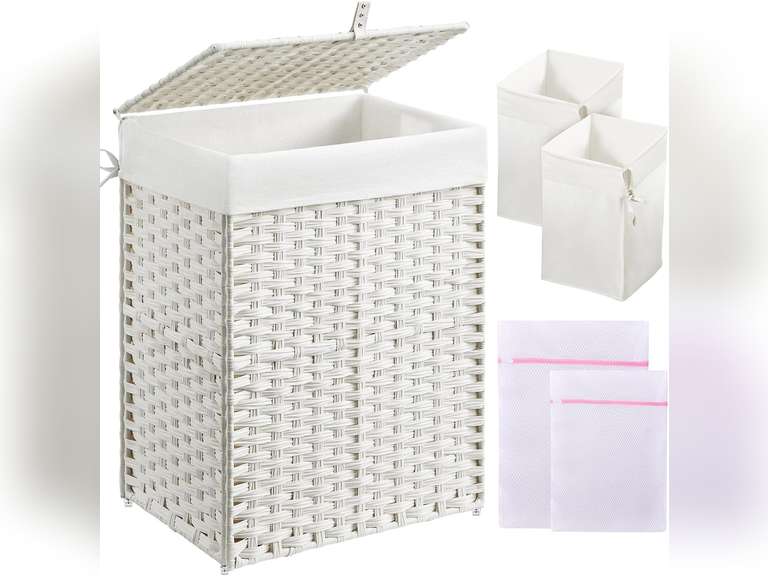 Greenstell Laundry Hamper with Lid, 90L Clothes Hamper with 2 Removable Liner Bags & 2 Mesh Laundry Bags, Handwoven Synthetic Rattan Laundry Basket for Clothes, Toys in Bathroom, Bedroom White 50