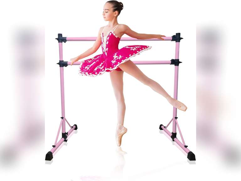 New and Improved 4 Ft Steel Double Ballet Barre with Carry Bag and Beginner Guide, Adjustable and Portable ballet barre for home and gym, Quality Ballet bar anti-wobble, stretching dance bar Pink 90