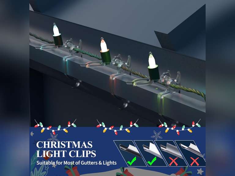 Holiday Light Clips Set of 200 Christmas Light Clips, Outdoor Light Clips - Mount to Shingles & gutters - Works with Mini, C6, C7, C9, Rope, Icicle Lights - No Tools Required 15
