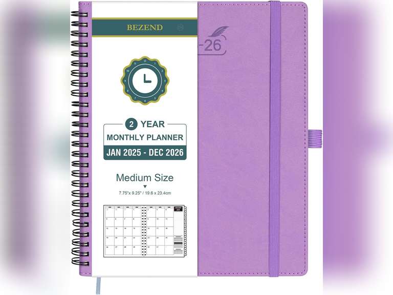 BEZEND 2 Year Monthly Planner 2025-2026 Medium Size 7" x 9" (Jan 2025 - Dec 2026) Spiral Calendar Book with Tabs, 120 GSM Thick Paper, Storage Pockets & Notes, PU Leather Softcover in Lavender 17