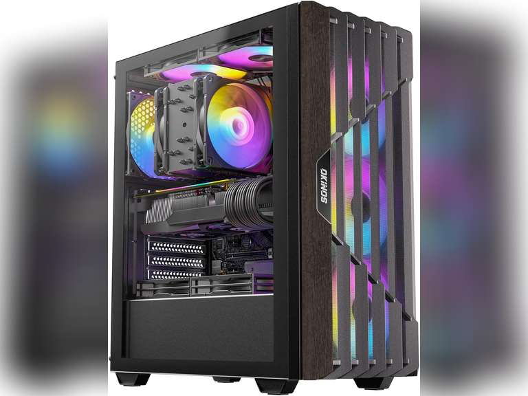 Qrt Computer Oak Wood ATX PC Case, 4 x 120mm ARGB Non-PWM Case Fans Pre-Installed ...