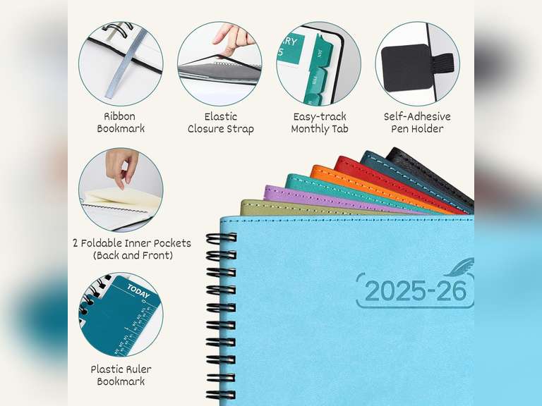 BEZEND 2 Year Monthly Planner 2025-2026 Medium Size 7" x 9" (Jan 2025 - Dec 2026) Spiral Calendar Book with Tabs, 120 GSM Thick Paper, Storage Pockets & Notes, PU Leather Softcover in Lavender 17