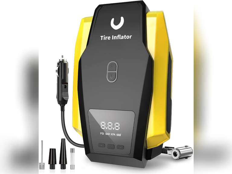 Tire Inflator Portable Air Compressor - Air Pump for Car Tires - 12V DC Tire Pump with Auto Shutoff Function & LED Light for Cars, Bicycles, Motorcycles, Yellow, Large 30