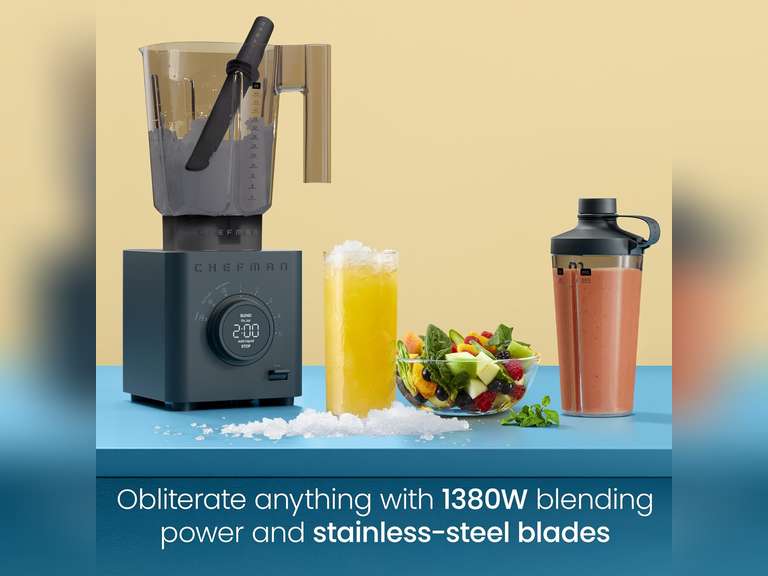 Chefman Obliterator 48 oz Countertop Blender for Smoothies, 1380W Motor to Crush Ice, Nuts, and Frozen Fruit with Stainless Steel Blade, Auto Blend Function, Includes 20 oz Travel Jar - Midnight 120