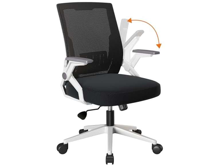 COMHOMA Office Chair with Flip-up Armrests Ergonomic Computer Desk Chair Foldable Mesh Task Chair with Wheels Adaptive Lumbar Support Swivel Tilt Comfortable Study Chair for Student, White 56