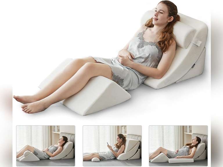 Ganaver 4pcs Orthopedic Bed Wedge Pillow Set Post Surgery Relaxing Back Adjustable Head Support Cushion Triangle Memory Foam Pillow for Acid Reflux Sleeping Reading Leg Elevation Snoring White 80