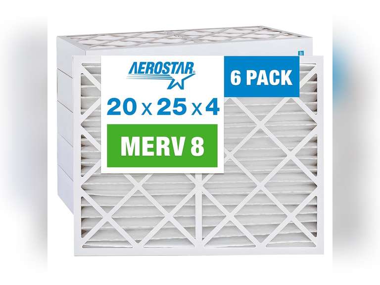 Aerostar 20x25x4 MERV 8 Pleated Air Filter, AC Furnace Air Filter, 6 Pack (Actual Size: 19 1/2"x24 1/2"x3 3/4"), White 80