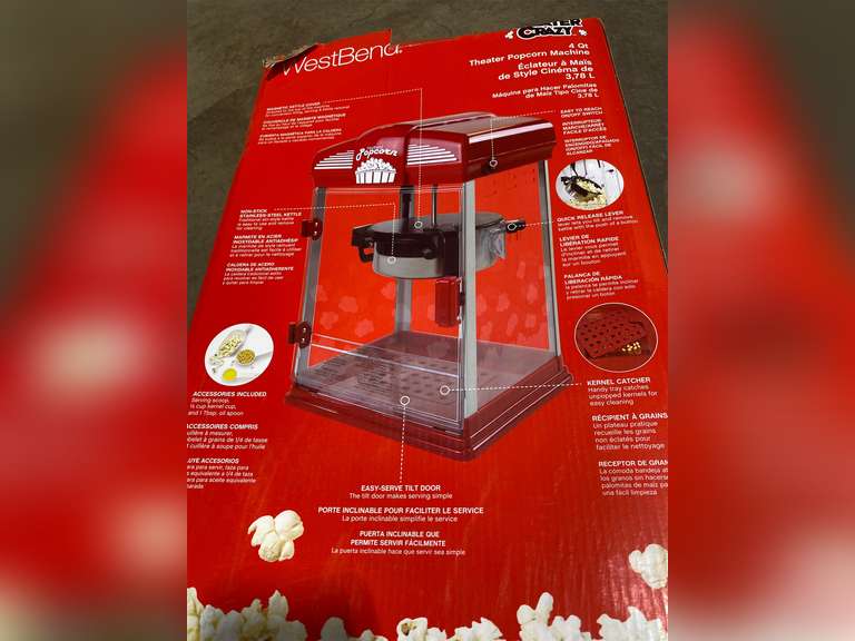 West Bend Stir Crazy Movie Theater Popcorn Popper with Nonstick Popcorn Kettle, Measuring Tool and Popcorn Scoop for Gourmet Popcorn Machine , 4 Qt., Red 70
