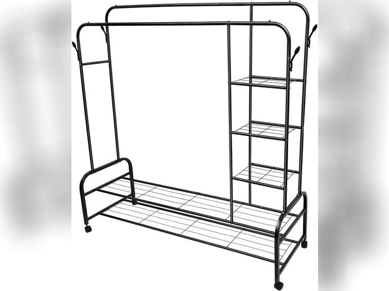 3-In-1 Double Rod Clothes Rack with 4-Shelf, Metal Clothing Rack with Wheels & 4 Hooks, Portable Heavy Duty Garment Rack with Double Bottom Shelves, Freestanding Organizer for Bedroom, White 58