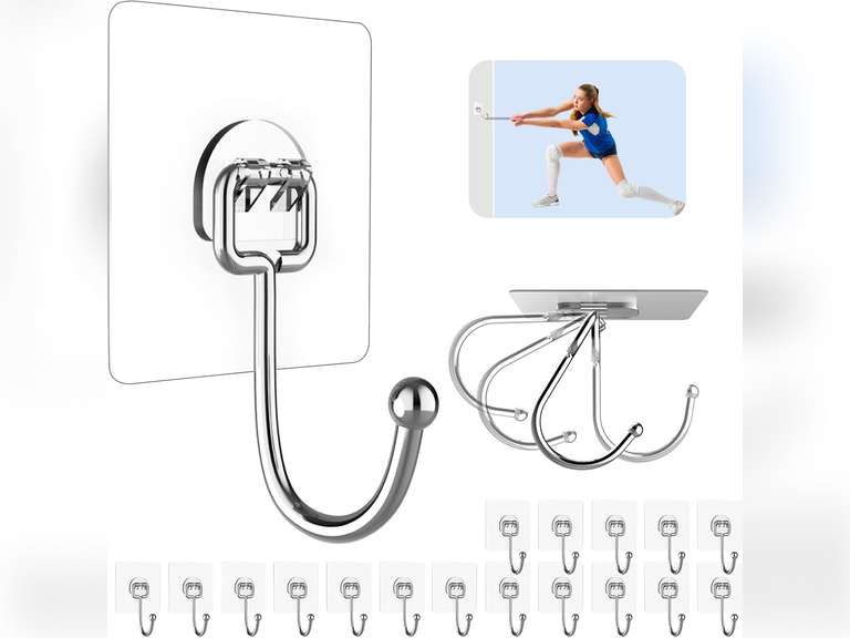 20 Pack Large Adhesive Hooks for 44 lb(Max) Hanging Heavy Duty, Self Adhesive Sticky Hooks Waterproof Stainless Steel Wall Hooks for Home Bathroom Shower Kitchen Outdoor Utility Hooks 14