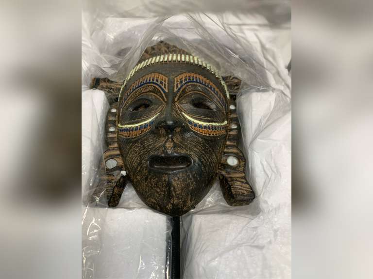 Deco 79 Polystone Mask Decorative Sculpture African Tribal Home Decor Statue with Colorful Carvings and Mirrored Accents, Accent Figurine 6" x 5" x 18", Brown 42