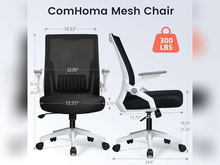 COMHOMA Office Chair with Flip-up Armrests Ergonomic Computer Desk Chair Foldable Mesh Task Chair with Wheels Adaptive Lumbar Support Swivel Tilt Comfortable Study Chair for Student, White 56