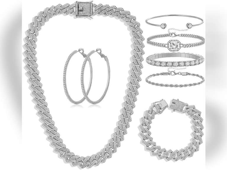 Hip Hop Cuban chain full Diamond necklace Rhinestone bracelet bracelet Gold and Silver women's Jewelry Women's earrings bracelet sets 15