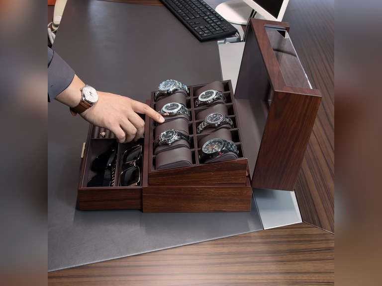 KAMIER 12 Slots Watch Box Case Organizer Display for Men,Two-Tier Wooden Watch Box Organizer For Men with watch holder and Drawer,Walnut 90