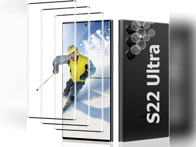 3+2 Pack Galaxy S22 Ultra Tempered Glass Screen Protector and Camera Lens Protector,HD Glass Screen Protector,3D Curved,9H Hardness, Bubble-Free,for Samsung Galaxy S22 Ultra 5G 6.8 Inch 13