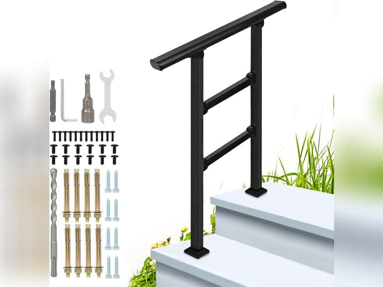 CELYND 2-Step Outdoor Stair Railing: Black Wrought Iron Handrail for 1 ...