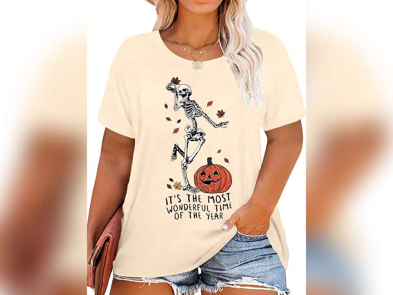 Plus Size Halloween Tshirt Women Dancing Skeleton Shirt Plus Pumpkin T-Shirt Skull Tee Fall Top size XXL 13