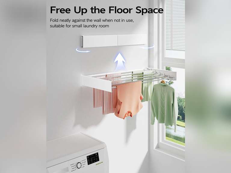 Wall Mounted Clothes Drying Rack 40 inches, Foldable Wall Mount Laundry Drying Rack Folding Indoor, Drying Rack Clothing Collapsible, Towel Drying Rack with Wall Template, 6 Rods, White 66