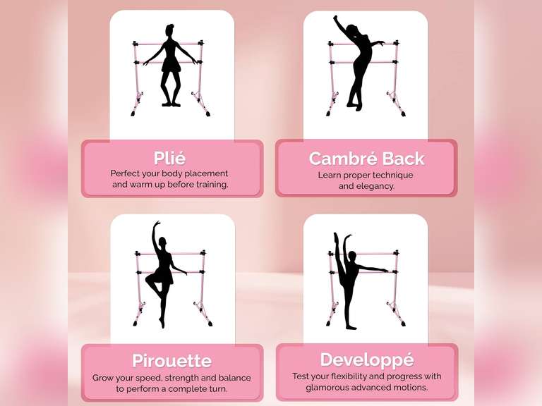 New and Improved 4 Ft Steel Double Ballet Barre with Carry Bag and Beginner Guide, Adjustable and Portable ballet barre for home and gym, Quality Ballet bar anti-wobble, stretching dance bar Pink 90