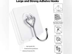 Meknow Large Adhesive Hooks Utility Hooks 12 Pack Waterproof and Rustproof Wall Hooks for Hanging Heavy Duty, Stainless Steel Robe & Towel Hanger 22Ib(Max) for Kitchen, Bathroom, Home and Office 10