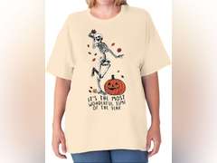 Plus Size Halloween Tshirt Women Dancing Skeleton Shirt Plus Pumpkin T-Shirt Skull Tee Fall Top size XXL 13