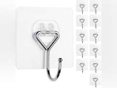 Meknow Large Adhesive Hooks Utility Hooks 12 Pack Waterproof and Rustproof Wall Hooks for Hanging Heavy Duty, Stainless Steel Robe & Towel Hanger 22Ib(Max) for Kitchen, Bathroom, Home and Office 10