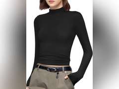 PUMIEY Women's Long Sleeve T Shirts Mock Turtleneck Slim Fit Tops Sexy Basic Tee Smoke Cloud Pro Collection, size M 26