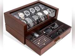 KAMIER 12 Slots Watch Box Case Organizer Display for Men,Two-Tier Wooden Watch Box Organizer For Men with watch holder and Drawer,Walnut 90