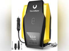 Tire Inflator Portable Air Compressor - Air Pump for Car Tires - 12V DC Tire Pump with Auto Shutoff Function & LED Light for Cars, Bicycles, Motorcycles, Yellow, Large 30