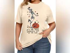 Plus Size Halloween Tshirt Women Dancing Skeleton Shirt Plus Pumpkin T-Shirt Skull Tee Fall Top size XXL 13