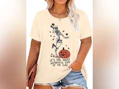 Plus Size Halloween Tshirt Women Dancing Skeleton Shirt Plus Pumpkin T-Shirt Skull Tee Fall Top size XXL 13