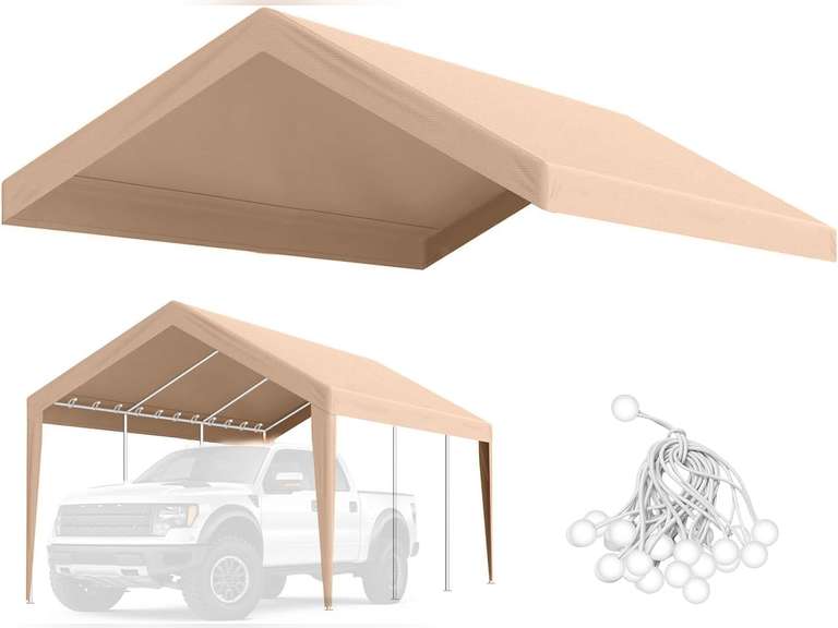 Carport Canopy 10'x20' Heavy Duty Replacement Cover, Beefull Carport Replacement Canopy for Car Garage, Waterproof & UV Protected Tarp with Ball Bungees, Beige(Frame is not Included) 90