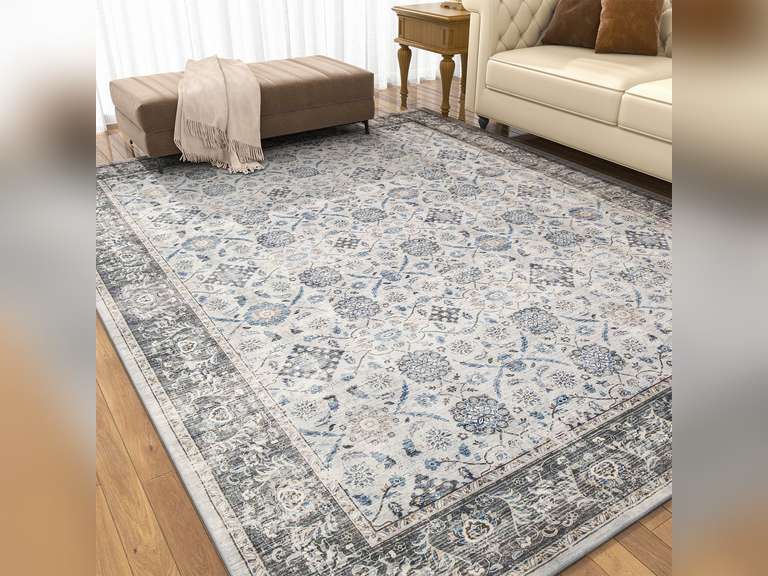 6x9 Washable Area Rug for Living Room Bedroom - Vintage Boho Carpet Large Soft Distressed Floral Floor Rug for Dinning Room Playroom Home Office Indoor Room Decor,Grey&Blue 170