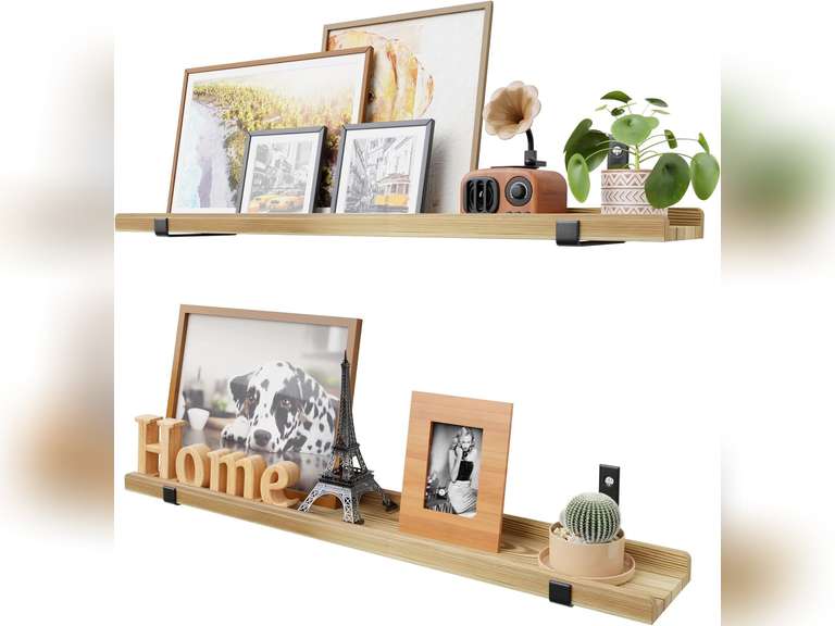 Natural Wood Floating Shelves with Lip, Set of 2 Floating Wall Shelves with Metal Bracket, 36 Inch Picture Ledge Shelf Wall Mounted Shelves for Living Room, Bedroom & Kitchen,Lightly Color. 65