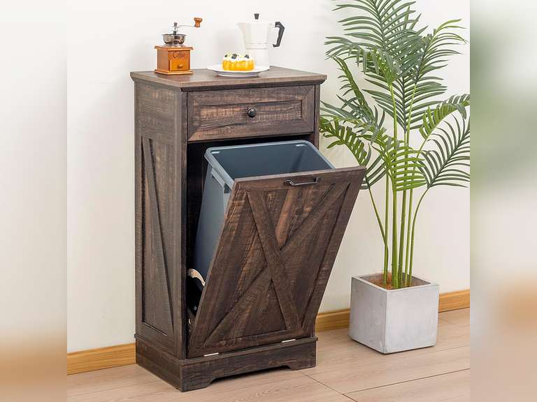 13 Gallons Wooden Tilt Out Trash Cabinet with Drawer, Kitchen Trash Can Cabinet Garbage Recycling Cabinet Pet Proof Trash Cabinet for Kitchen, Living Room (Rustic Grey) 120