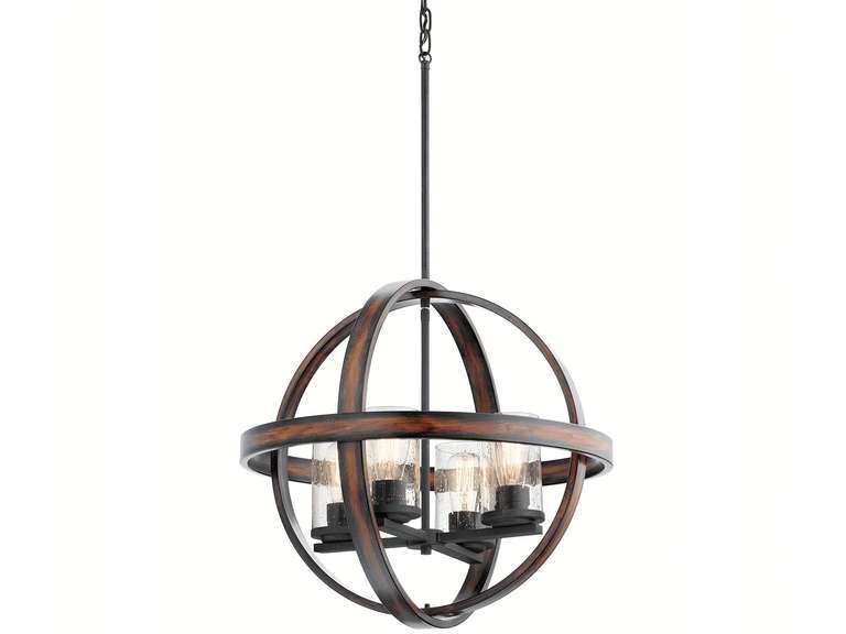 Kichler Barrington 4-Light Distressed Black and Wood Tone Rustic Seeded Glass Globe Medium Hanging Pendant Light 230