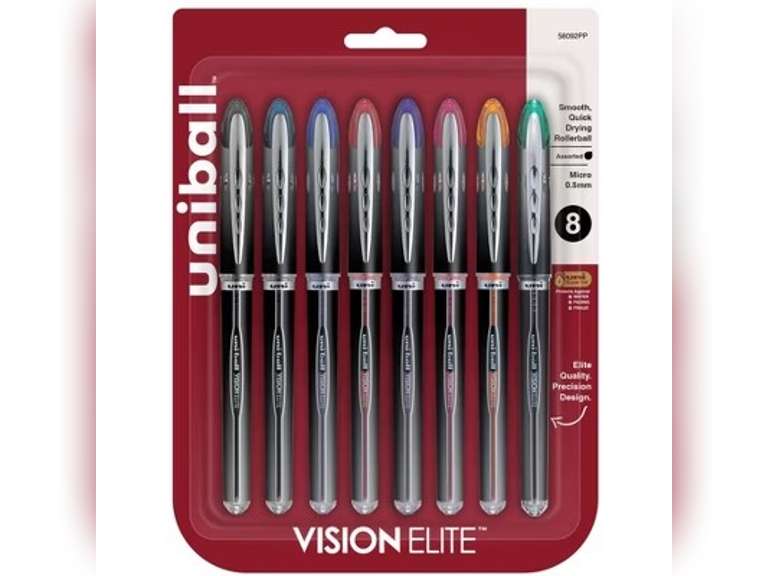 uniball Vision Elite Roller Ball Stick Pen, 0.5 mm Micro Tip, Assorted Colors, Set of 8 31