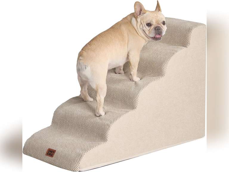 EHEYCIGA Curved Dog Stairs Ramp for Small Dogs High Beds 22.6" H, 5-Step Dog Steps for Small Dogs and Cats, Pet Stairs for High Bed Climbing, Non-Slip Balanced Pet Step Indoor, Beige 49