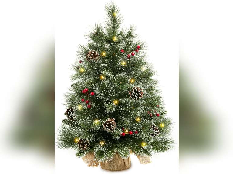 24" Mini Christmas Trees with Flocked Pine Needles, Pine Cones, Berries Decoration, 2 Ft Decorated Burlap Trees with 25 Led Lights, Kitchen Tabletop Artificial Pre Lit Christmas Tree(similar model) 40