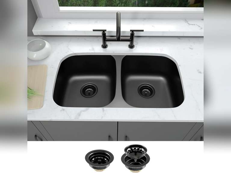 LQS Black Kitchen Sink Round Corner 32 x 18 , Black Undermount Kitchen Sink 50/50 Double Bowl, Stainless Steel Kitchen Sinks with Accessories 195