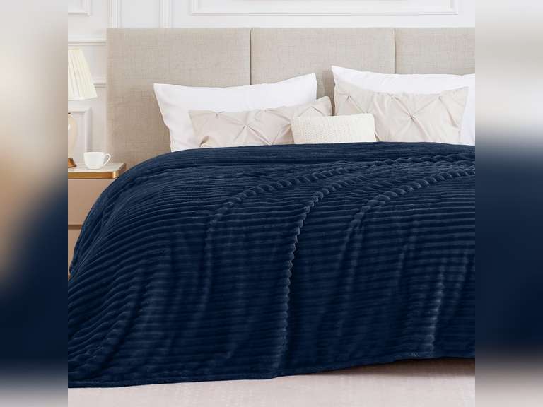 BEDELITE Full Size Blanket for Bed, 300GSM Soft & Warm Fleece Navy Blanket, Decorative and Giftable Striped Blankets for Women, Men, 84"x90" 28