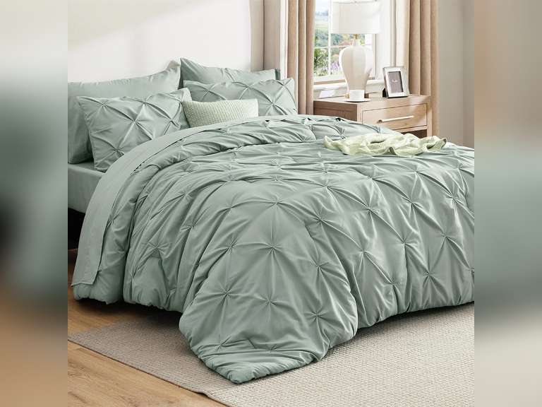 Bedsure Queen Comforter Set 8 Pieces - Pintuck Queen Bed Set, Bed in A Bag Green Queen Size with Comforters, Sheets, Pillowcases & Shams, Kids Bedding Set 42