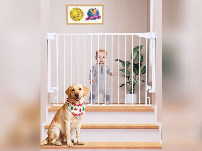 Cumbor 29.2 43" Baby Gate for Stairs, Wall-Mounted (Drill Required), Expandable No Bottom Bar Dog Gate, Auto Close Extra Wide Walk Thru, Pet & Toddler Proof Gate, Top & Bottom of Stairways (White) 60