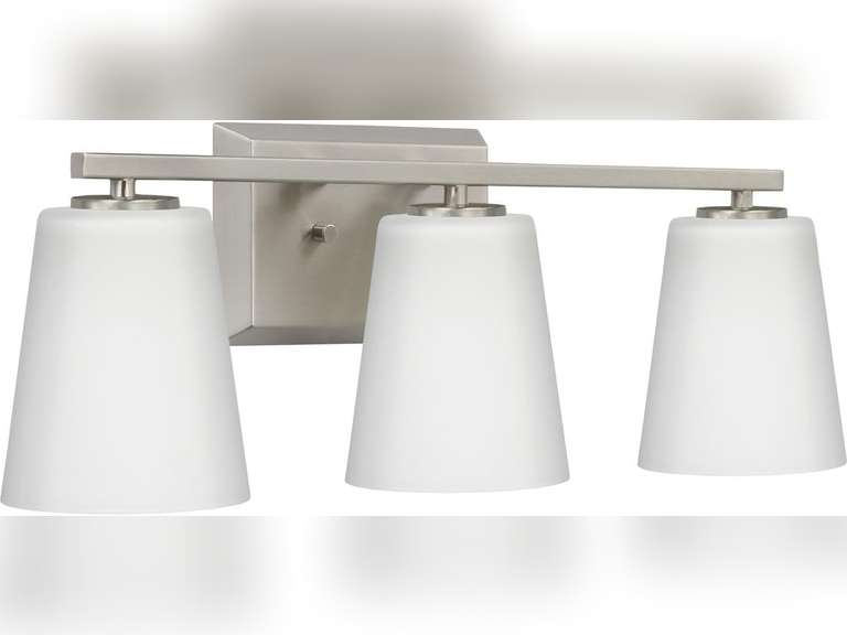 Similar model see pictures. Progress Lighting Vertex Collection Three-Light Brushed Nickel Etched White Glass Contemporary Bath Light (P300463-009) 153