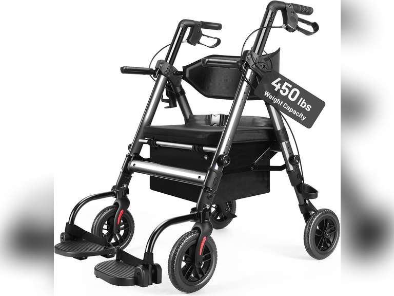 Heavy Duty Rollator Walker for Seniors with Seat, Foldable 2 in 1 Rolling Walkers Wheelchair Combo for Adult, All Terrain Wheels, Adjustable Transport Chair with Brake, 450 lb. Weight Capacity, Grey 230