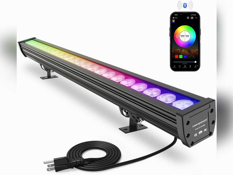 Smart LED Wall Washer Light, 168W (24x7W) RGBCW Color Changing Linear Light Bar with Group and Individual Control, Timing, AC120V Waterproof Outdoor Lighting for Buildings, Hotels, Restaurants 130