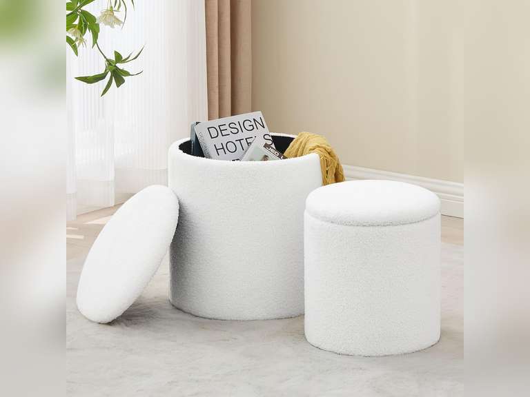 Round Set of 2 Ottoman with Storage, Boucle Storage Ottoman Foot Stool, Soft Teddy Upholstered Small Vanity Stool, Ottomans Coffee Table Padded Seat Foot Rest for Living Room Bedroom, White(similar model) 54
