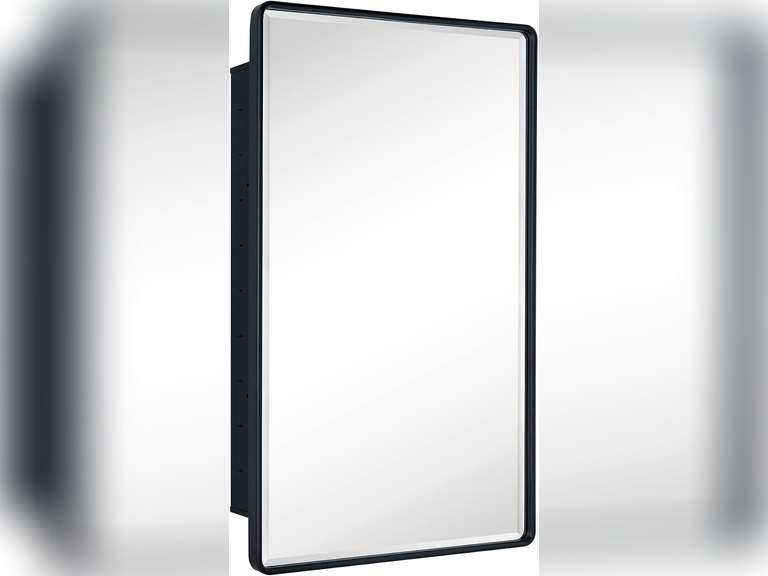 TEHOME Farmhouse Matt Black Recessed Bathroom Medicine Cabinet with Mirror Rounded Rectangle Metal Framed Medicine Cabinet with Beveled Mirror 24x36' 270